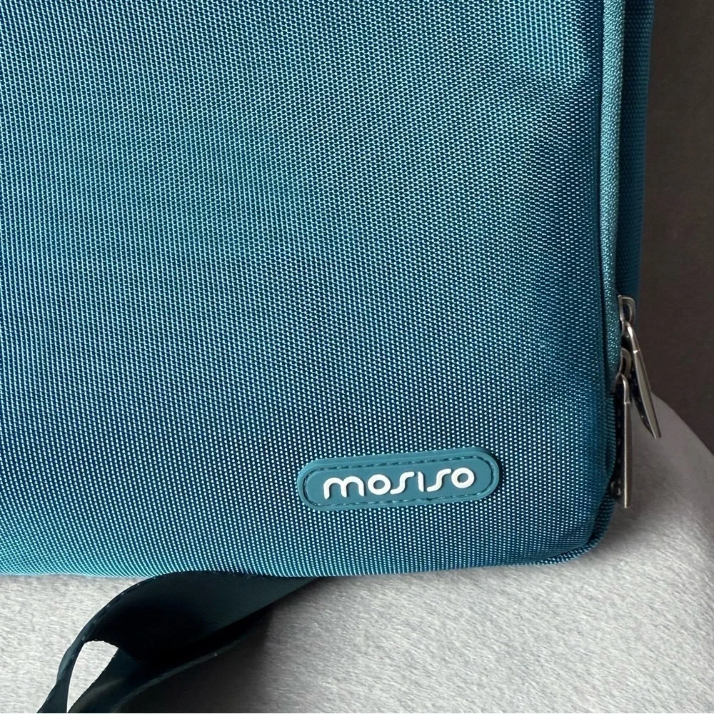 Mosiso 360 Protective Laptop Shoulder Bag in Teal Green Fleece Lined Trolly Belt